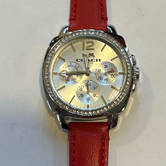 Coach Boyfriend Watch With 35mm Silver Chronograph Face & Red Leather Band - Picture 1 of 6